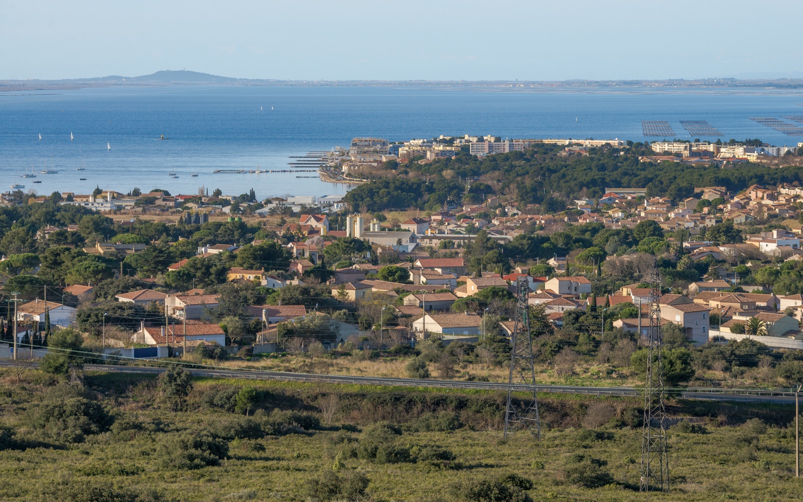 Vue de Balaruc-les-Bains et de l'étang de Thau depuis le massif de la Gardiole